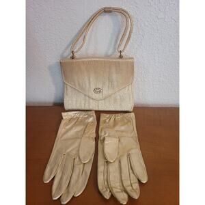 1950s Gold Evening Bag and Glove Set | Shimmery Nylon, Rhinestone Clasp